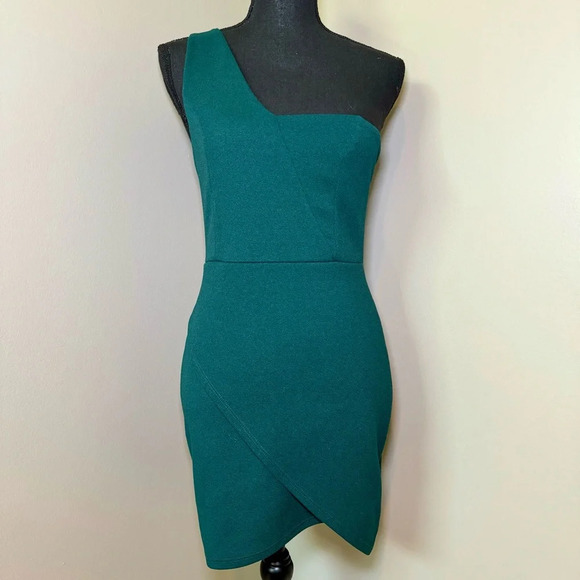 Blue Blush Dark Green Asymmetric One Shoulder Mini Dress size Medium - Picture 1 of 6